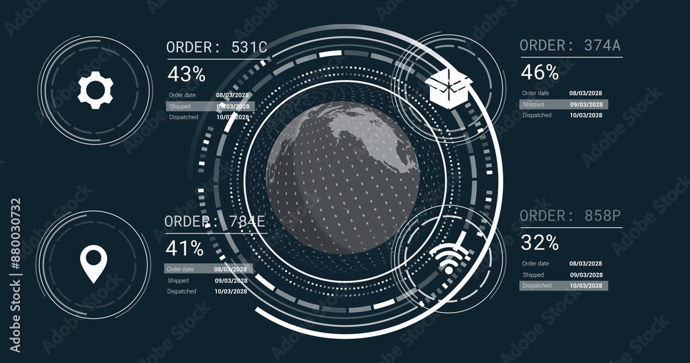 Poster image of globe with data processing over dark background