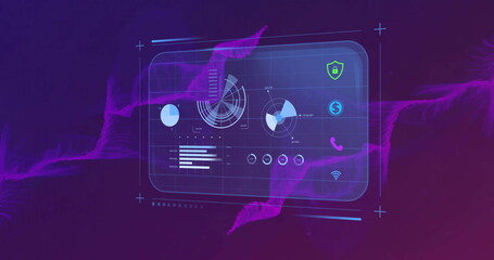 Image of financial data processing over purple shapes on black background