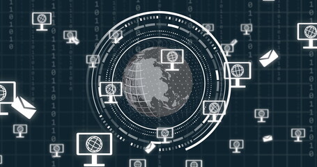 Image of globe with icons and data processing over dark background
