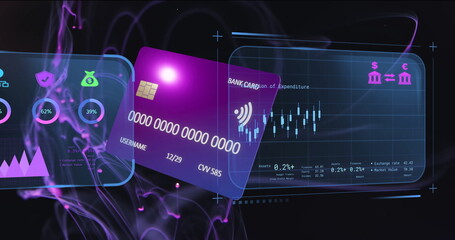 Image of financial data processing and credit card over light trails on black background