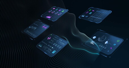 Image of financial data processing over shapes on black background