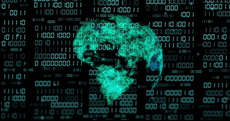 Image of globe with binary coding and data processing over dark background