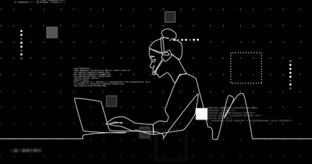 Image of outline of woman using computer data processing over black background