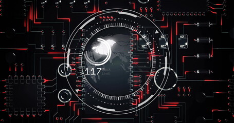 Image of globe with data processing over dark background