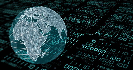 Image of globe with binary coding and data processing over dark background
