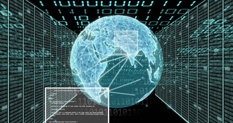 Image of globe with binary coding and data processing over dark background