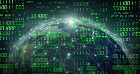 Image of globe with binary coding and data processing over dark background