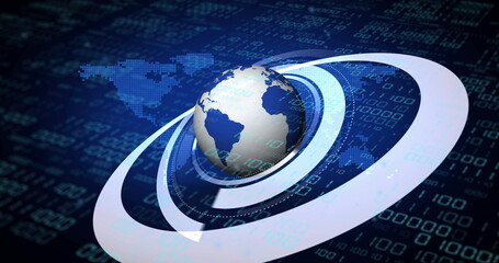 Image of globe with binary coding and data processing over dark background