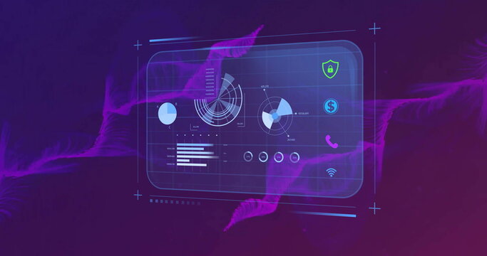 Image of financial data processing over purple shapes on black background
