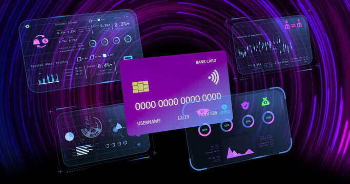 Image of financial data processing and credit card over purple circles on black background