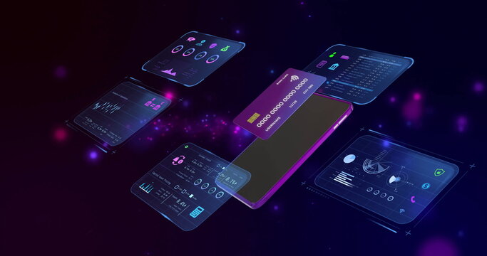 Image of data processing with credit card and smartphone over light spots on black background