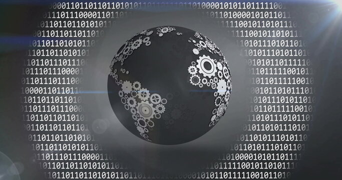 Image of globe with binary coding and data processing over dark background