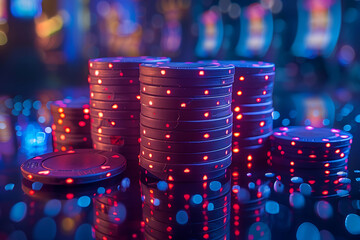 Casino chips rendered in wireframe style on a dark blue background, symbolizing the digital transformation of gambling