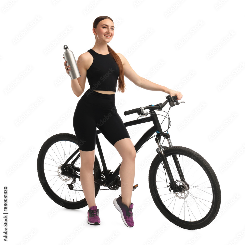 Poster Smiling woman with bicycle and bottle of drink isolated on white