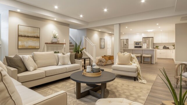 A spacious basement interior design in a new house with contemporary furniture, neutral color palette, and ample natural light.