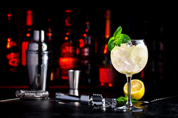 Lemon tonic cocktail with white vermouth, tonic, mint and ice. in wine glass Black background