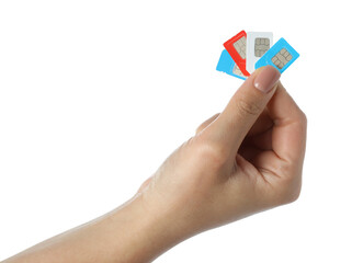 Woman with SIM cards on white background, closeup