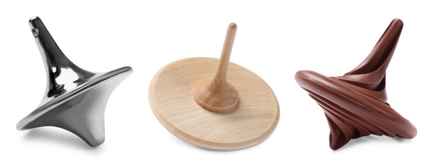 Set of different spinning tops isolated on white