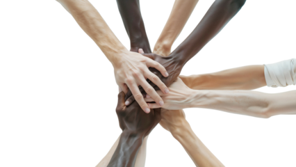 Group of diverse business team putting their hands together on top of each other, showing unity and teamwork. Isolated on transparent background