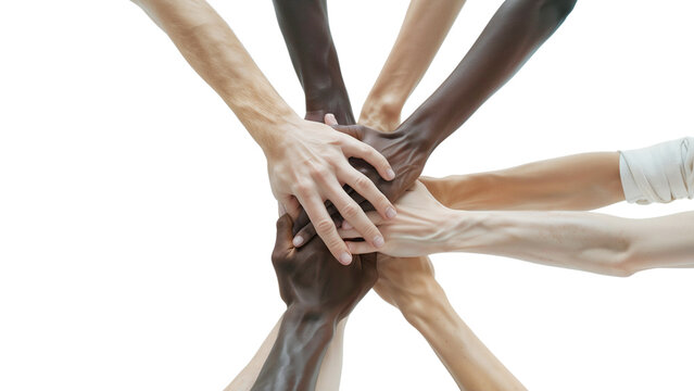 Group of diverse business team putting their hands together on top of each other, showing unity and teamwork. Isolated on transparent background