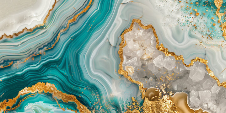 turquoise and gold marble with teal white onyx geode texture, luxurious crystal wallpaper background