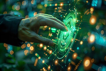 Hand interacting with a futuristic green digital interface featuring glowing holographic elements, perfect for technology, innovation, and digital transformation themes.