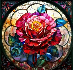 Intricate stained glass window featuring a vibrant red rose, perfect for themes of art, beauty, and craftsmanship.