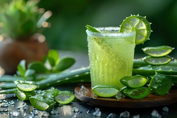 Refreshing green aloe vera drink garnished with lime and surrounded by aloe vera slices, perfect for health, wellness, and detox themes.