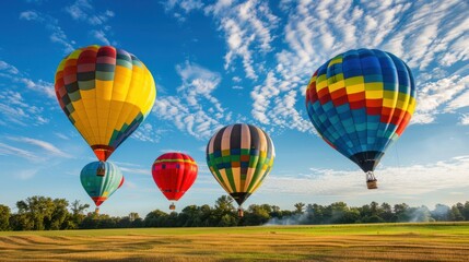 Fototapeta premium Colorful hot air balloons, blue sky, thin clouds, beautiful scenery. Photo by National Geographic