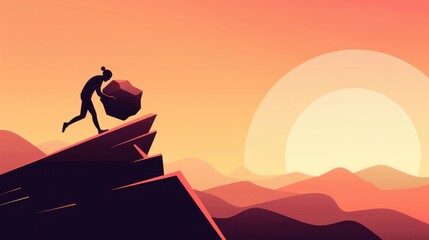 Silhouette of a person pushing a boulder uphill against a sunset backdrop, symbolizing perseverance and resilience.