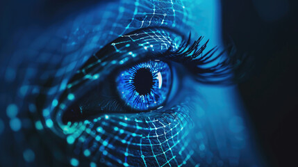 Human eye and data of biometric identification, person face during work of facial recognition system with 3d scan. Theme of digital verification, security, deepfake, AI technology