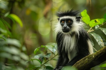 Fototapeta premium Full body view of Black-and-white Colobus in natural habitat, full body shot, full body View