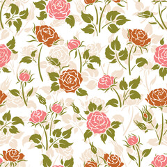 Rose Flowers with leaves and buds. Floral Seamless Pattern. Brown Pink Green Color. Vector illustration