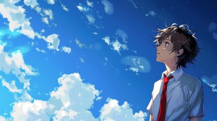 Anime Style Boy in White Shirt and Red Tie Gazing at Sky with Clouds in Background