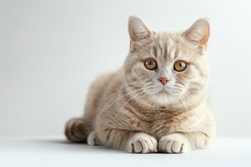 Fototapeta premium A domestic cat lies down on a clean and white surface