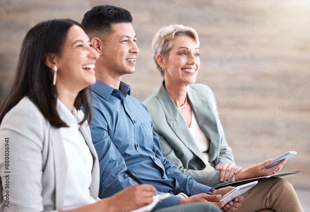 Poster Business people, smile and diversity in office for workshop with company, notebook and employees. Accountant, happy and training in workplace for development, education and knowledge with motivation