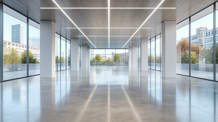 Obraz premium Spacious modern office space with floor-to-ceiling windows, polished concrete floors, and linear lighting, offering an open, bright, and flexible environment with city and greenery views