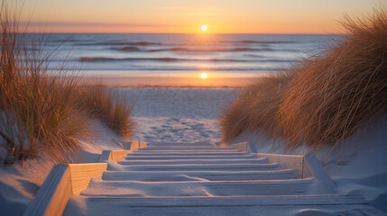 Wooden steps lead through beach grass to a sandy shore, with the sun setting over the ocean