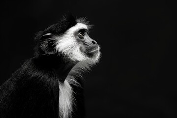 Fototapeta premium the beside view Black-and-white Colobus, left side view, isolated on black background