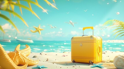 Obraz premium Holiday concept illustration Seaside suitcase Starfish shell palm tree