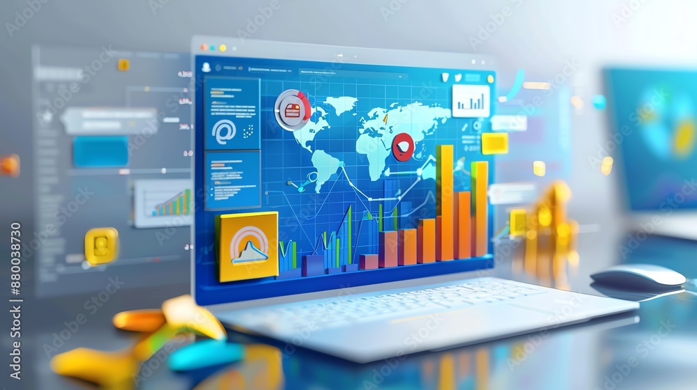 Poster Laptop with Global Data Analytics Dashboard.