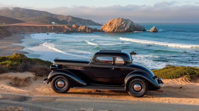 1936 vintage black car on Romo beach