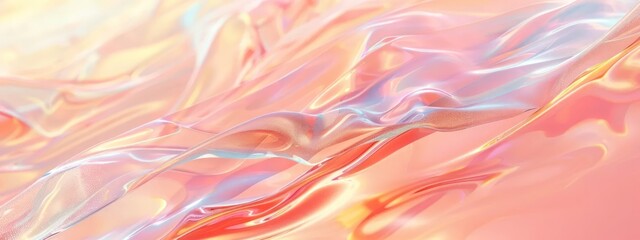 Obraz premium Holographic peach abstract pastel color backdrop. Hologram neon gradient background. Foil smooth effect. Psychedelic iridescent background, trend of 80s, 90s