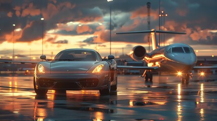Luxury car and private jet at sunset.