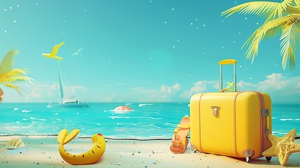 Fototapeta premium Holiday concept illustration Seaside suitcase Starfish shell palm tree