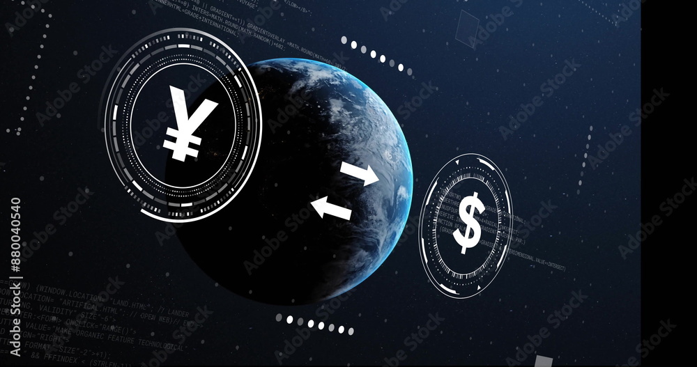 Poster image of globe with currency symbols and data processing on black background