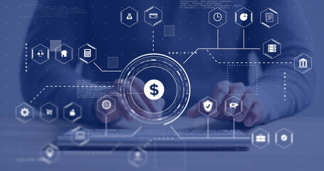 Image of connections with business icons over biracial businessman using laptop