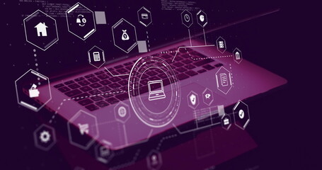 Image of connections with business icons and data processing over laptop