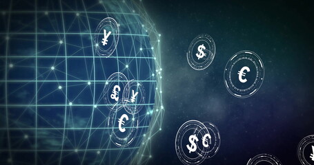Image of globe of connections with currency symbols over spots on black background