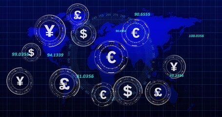 Image of currency symbols with data processing over world map on black background